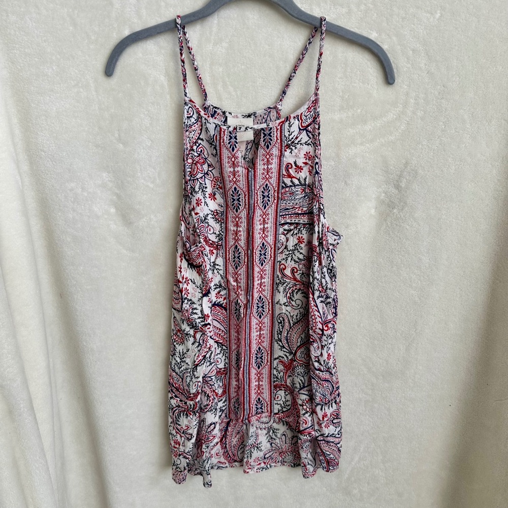 Knox Rose Paisley Print Tank Top Size Large Rayon Boho Flowy Red White Navy Blue